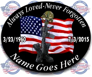 Always Loved-Never Forgotten Memorial oval vinyl decal USA Flag Soldier boots Qty. Discounts