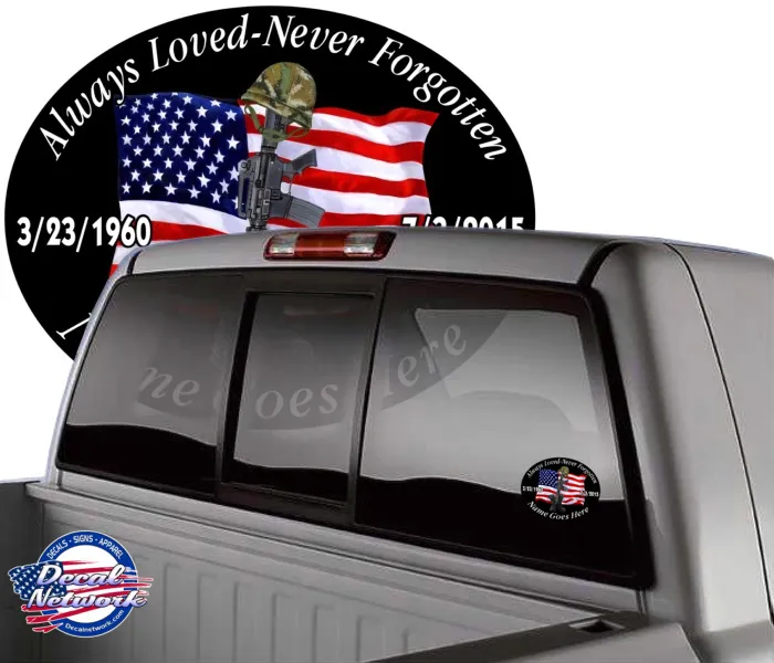 Always Loved-Never Forgotten Memorial oval vinyl decal USA Flag Soldier boots Qty. Discounts