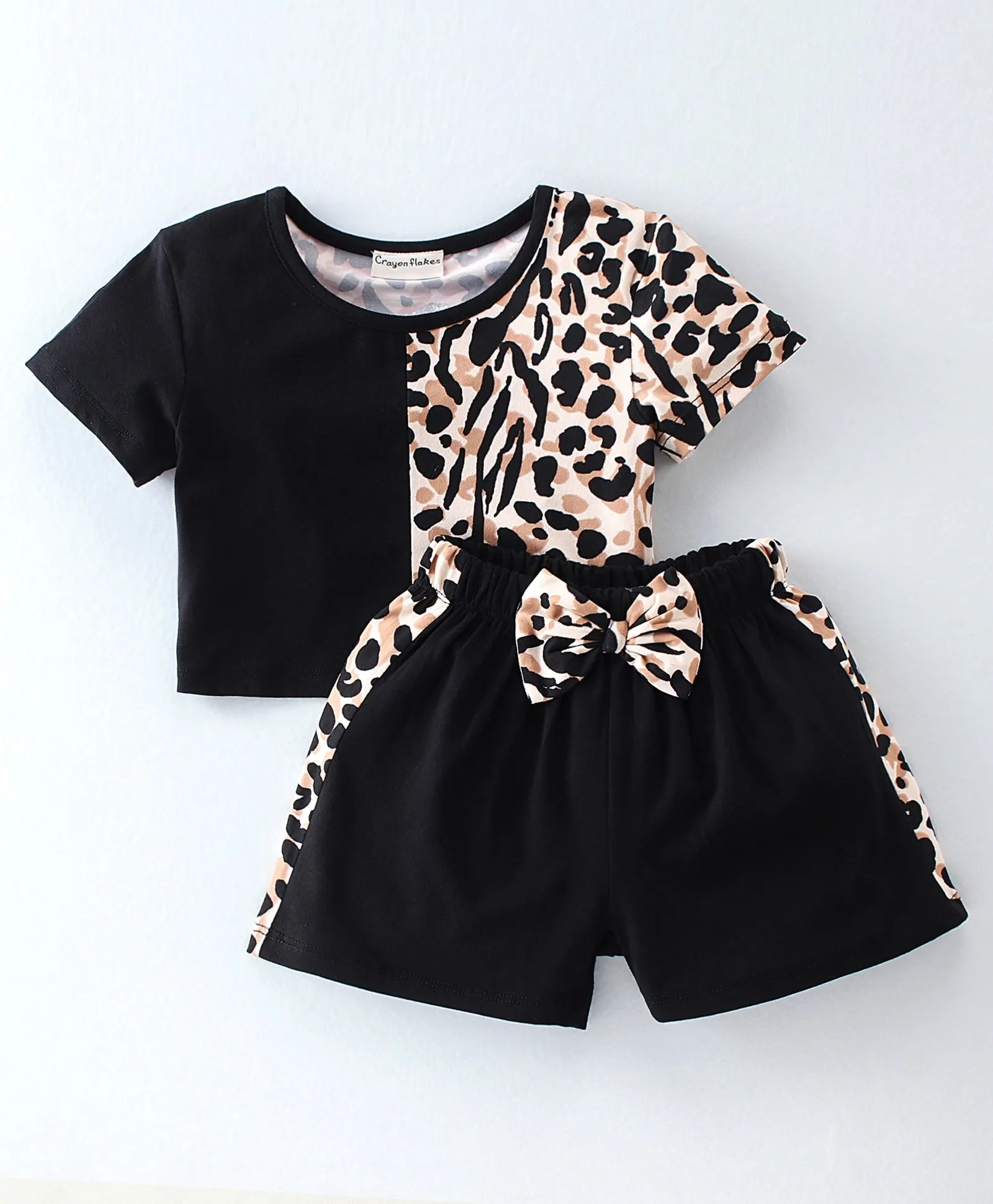 Animal Print Color Block Top Short Set