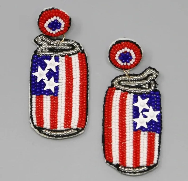 Beaded Earrings, Patriotic Canned Beverages