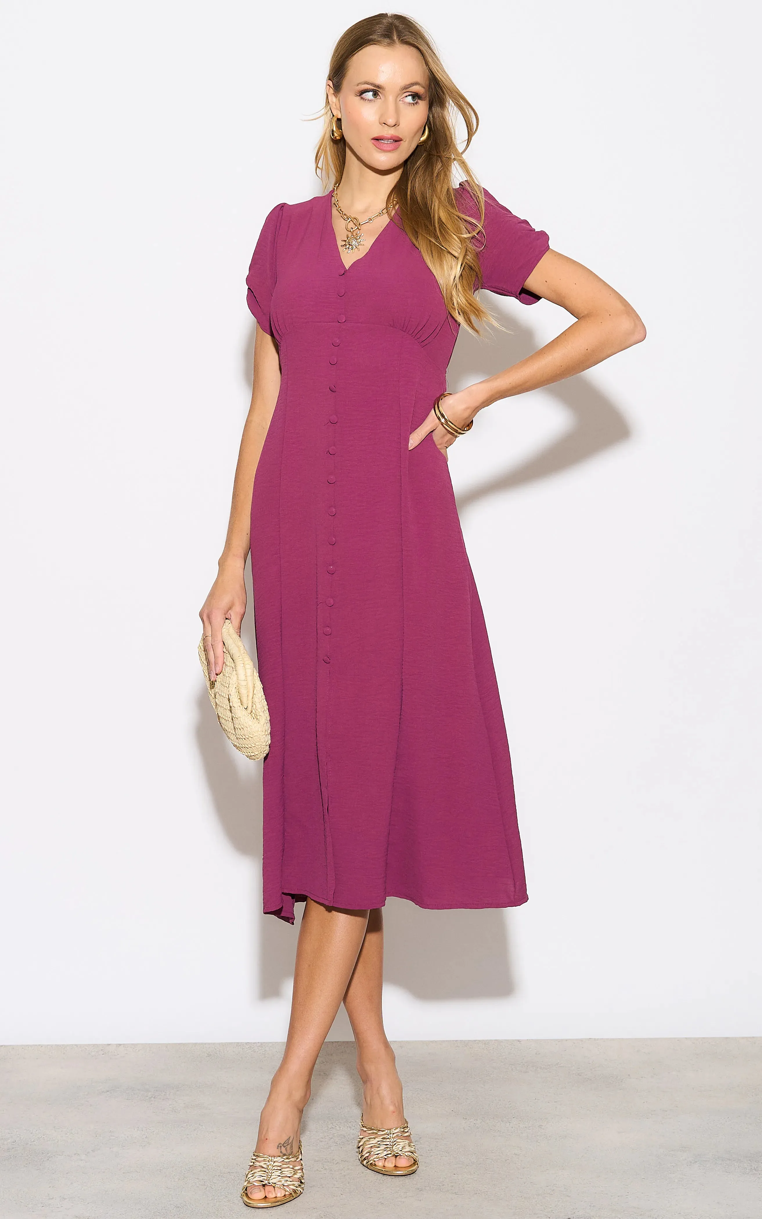 Chic Button-Down Midi Shirt Dress in Royal Purple