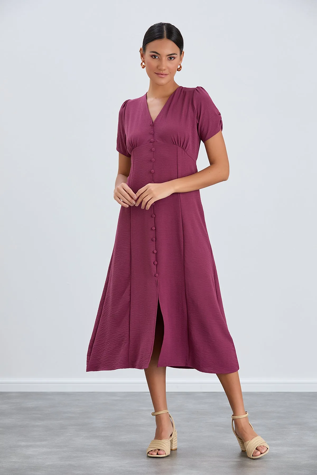 Chic Button-Down Midi Shirt Dress in Royal Purple