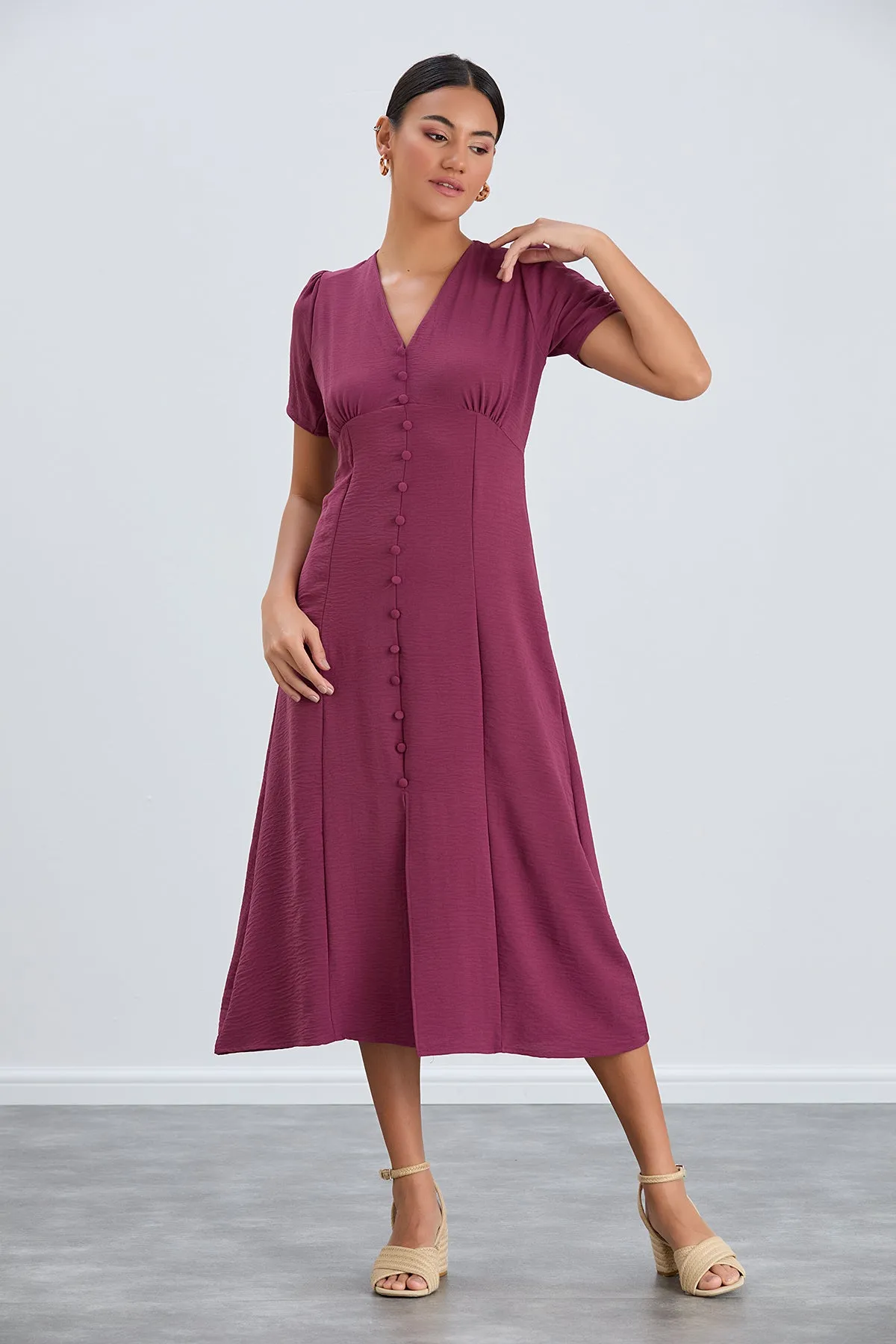 Chic Button-Down Midi Shirt Dress in Royal Purple