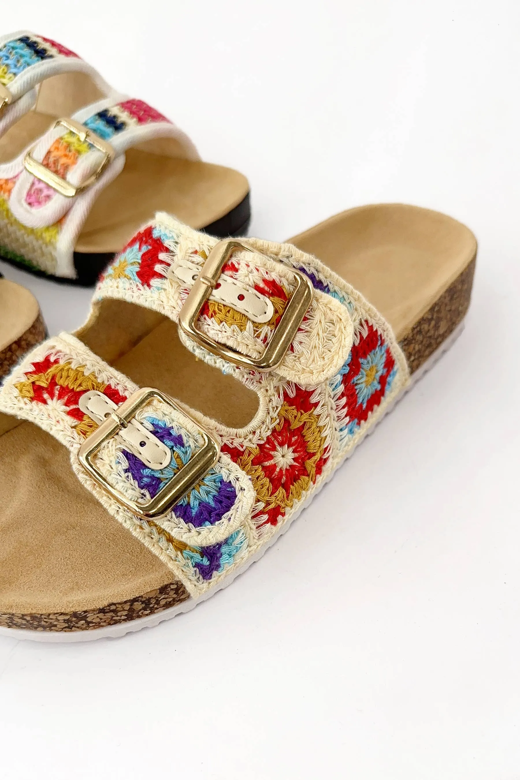 CROCHET DOUBLE STRAP CORK SLIDE SANDAL