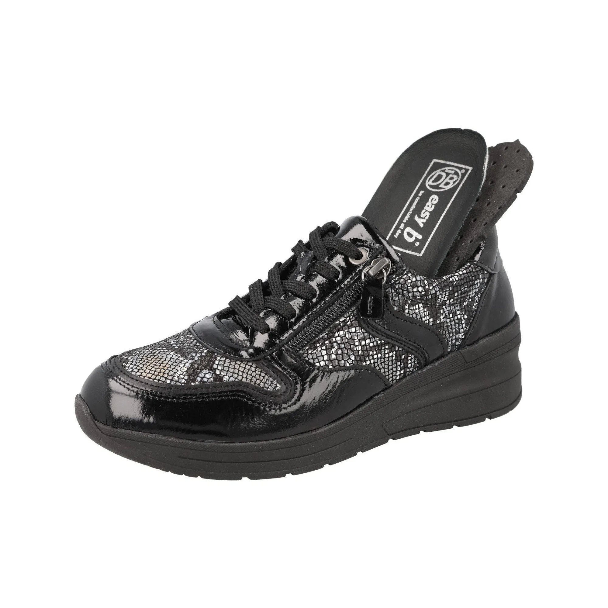 DB Shoes Fleet 6V Ladies Wide Black Leather Zip & Lace Trainers