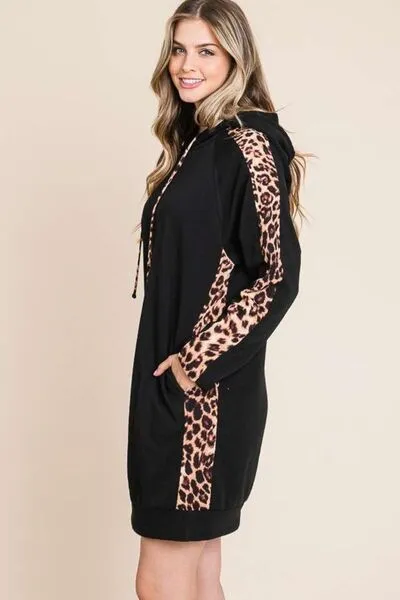 Drawstring Leopard Long Sleeve Hooded Dress