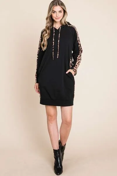 Drawstring Leopard Long Sleeve Hooded Dress