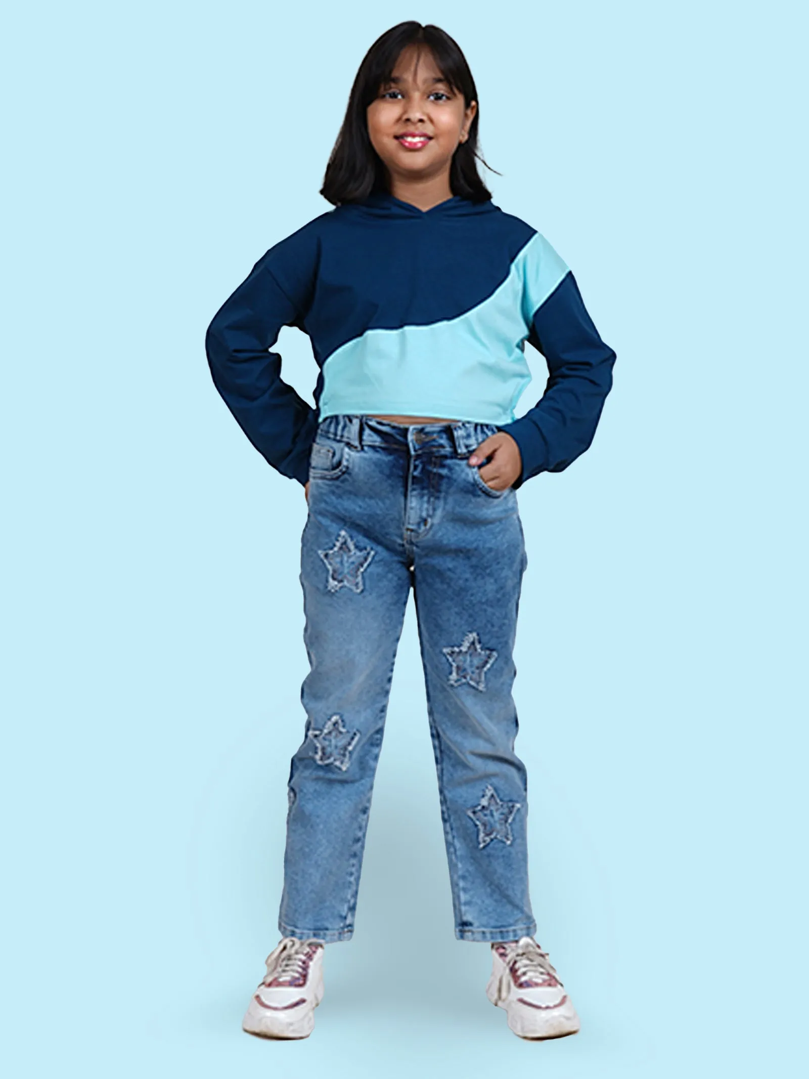 Girls Cotton Full Sleeves Cut & Sew Detailed Hooded Crop T-Shirt