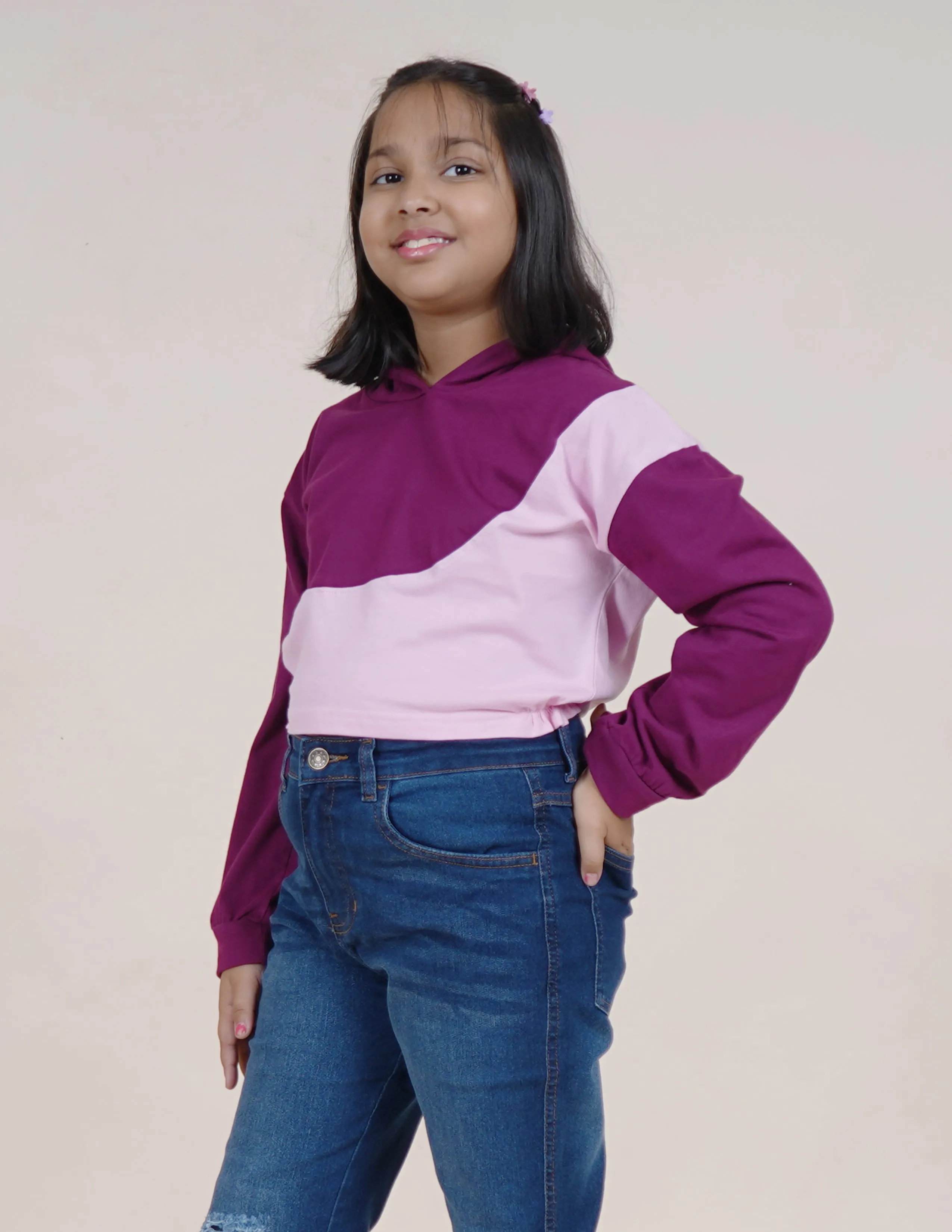 Girls Cotton Full Sleeves Cut & Sew Detailed Hooded Crop T-Shirt