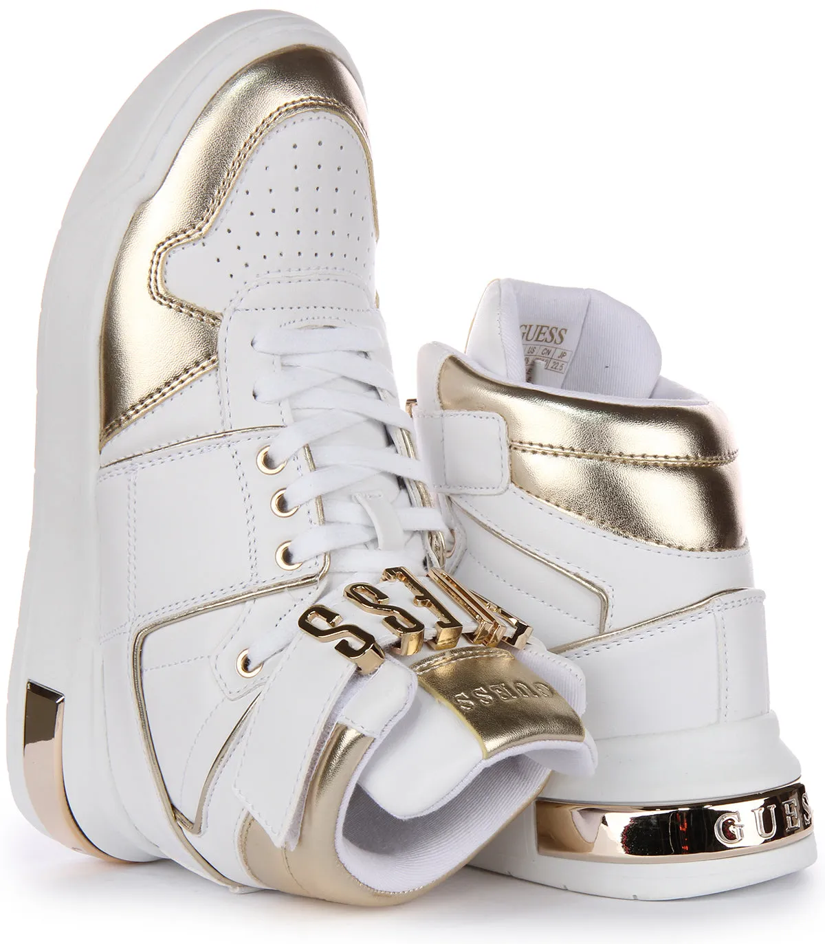 Guess Corten Logo Hi Top In White Gold For Women