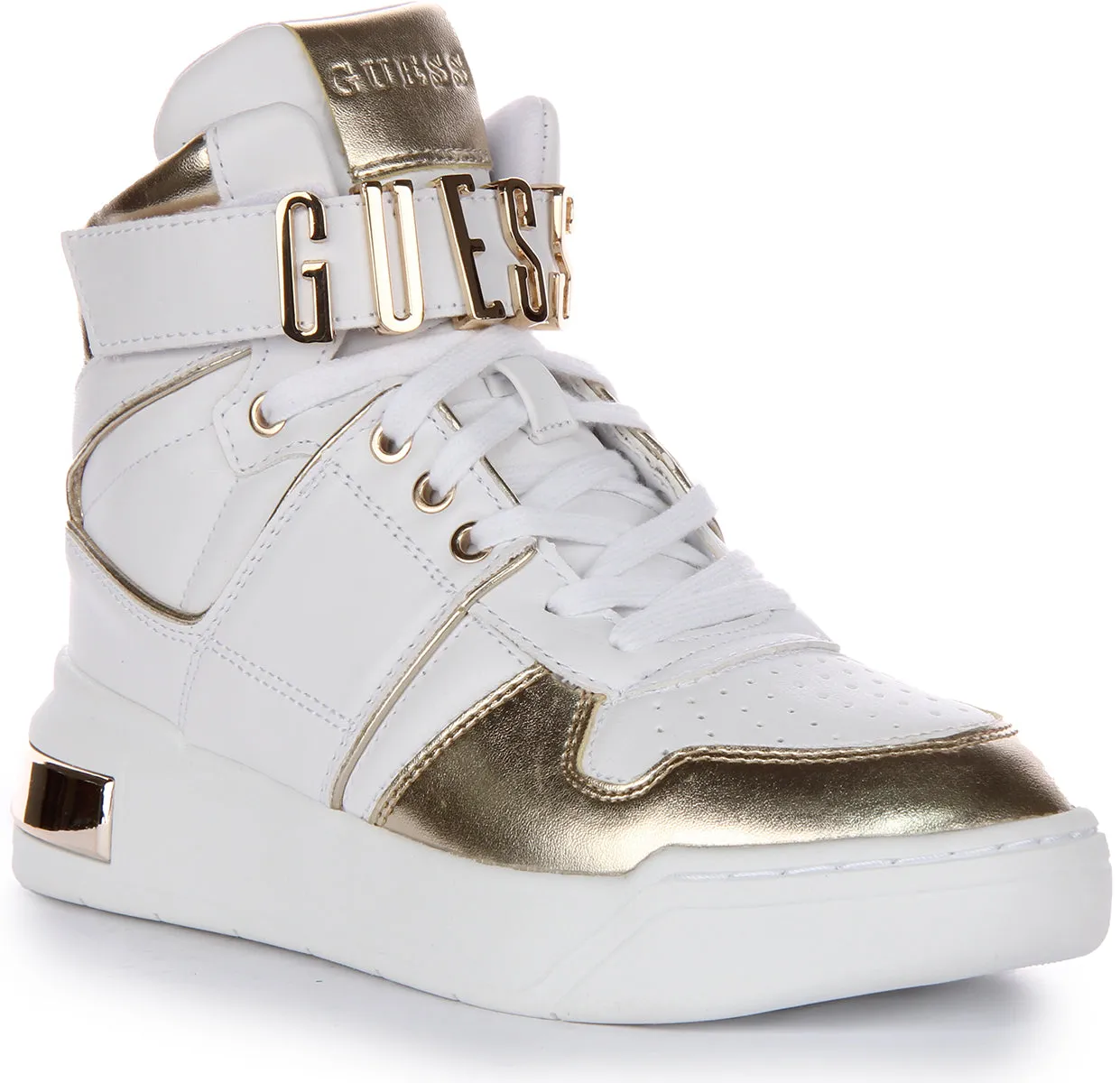 Guess Corten Logo Hi Top In White Gold For Women