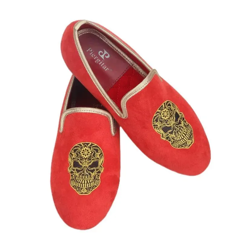 Kids Loafers Red Velvet Dreams: Handcrafted Embroidered Children's Loafers