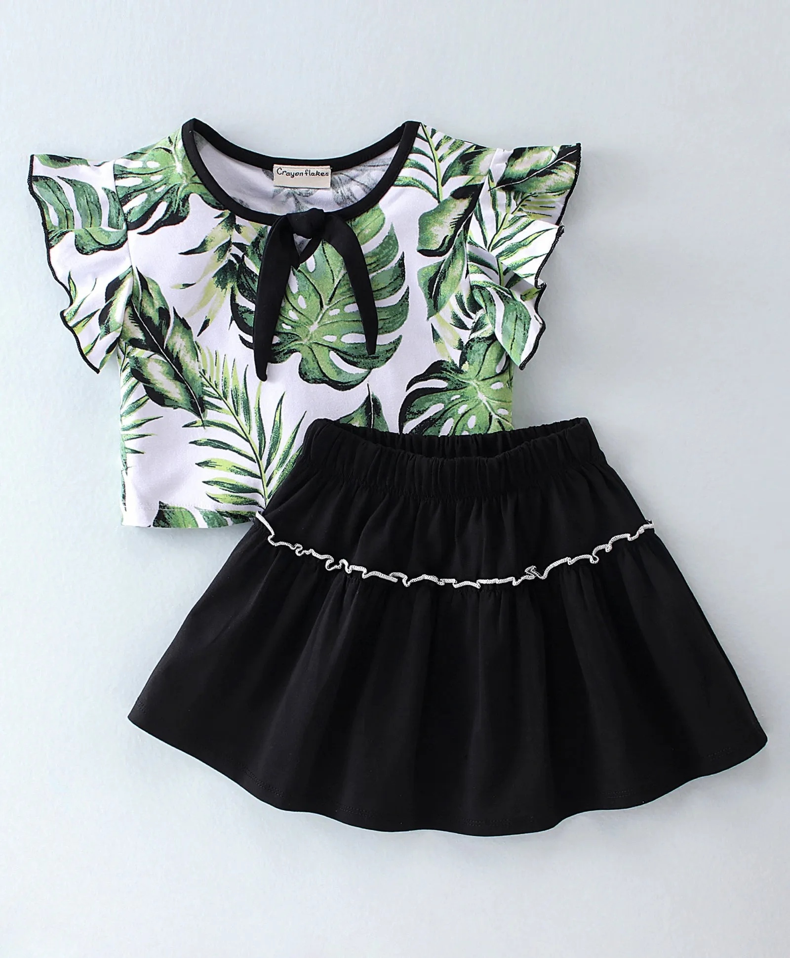 Leaves Printed Frilled Top Skirt Set