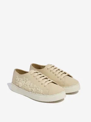 LUNA BLU Beige Floral Embroidered Lace-Up Sneakers