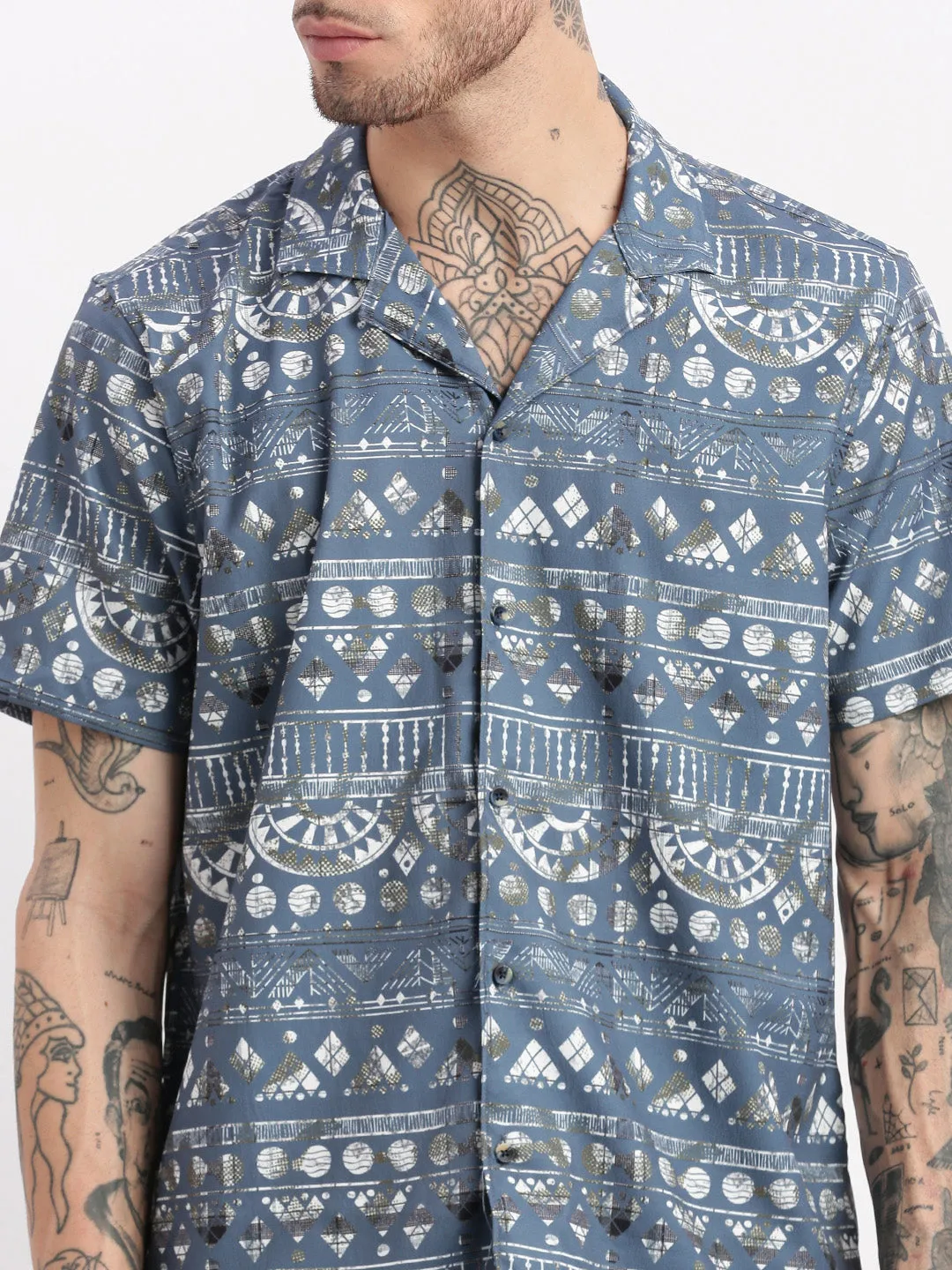 Men Geometric Print Cuban Collar Teal Co-Ords Set