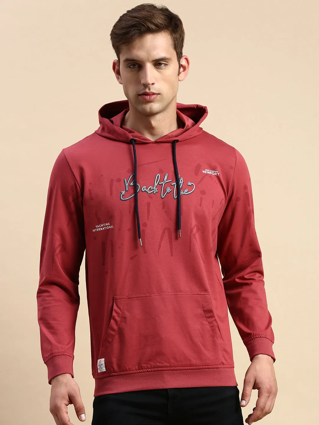 Men Pink Printed Casual Hoodie