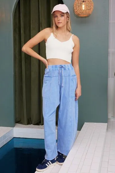 Mittoshop Mineral Wash Elastic Waist Baarrel Leg Baggy Pants