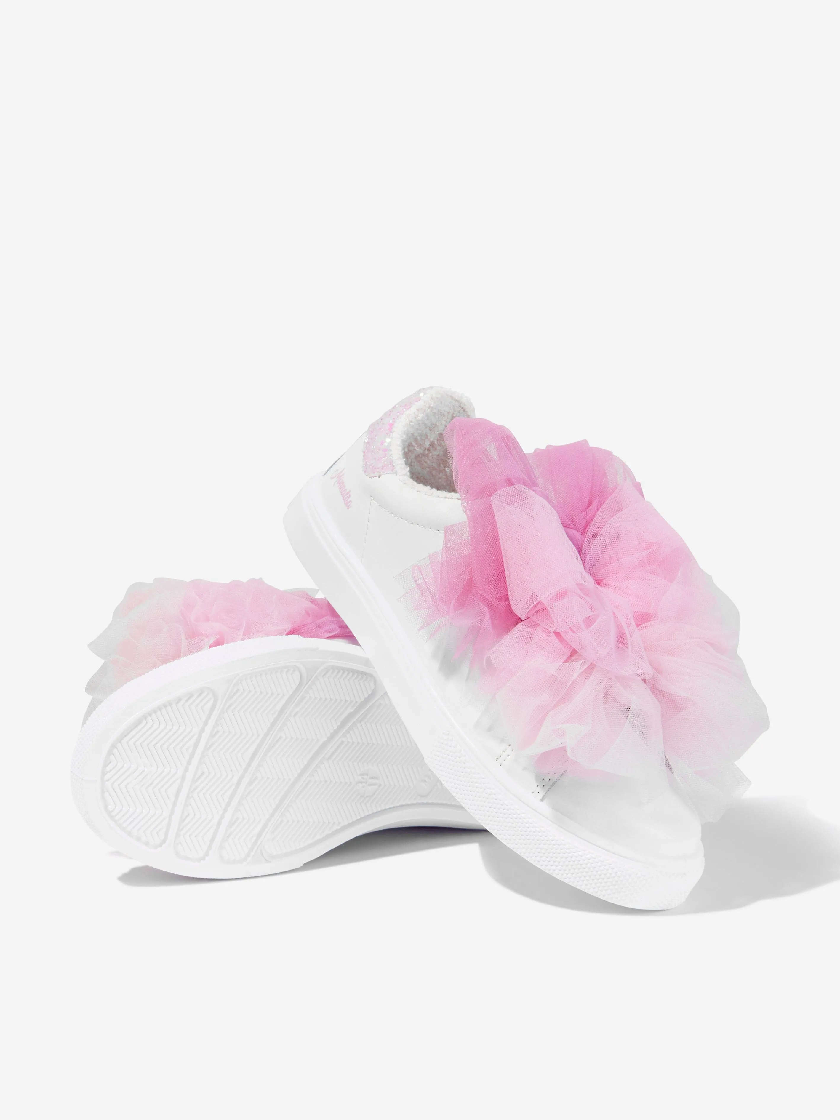 Monnalisa Girls Leather And Tulle Bow Trainers In White