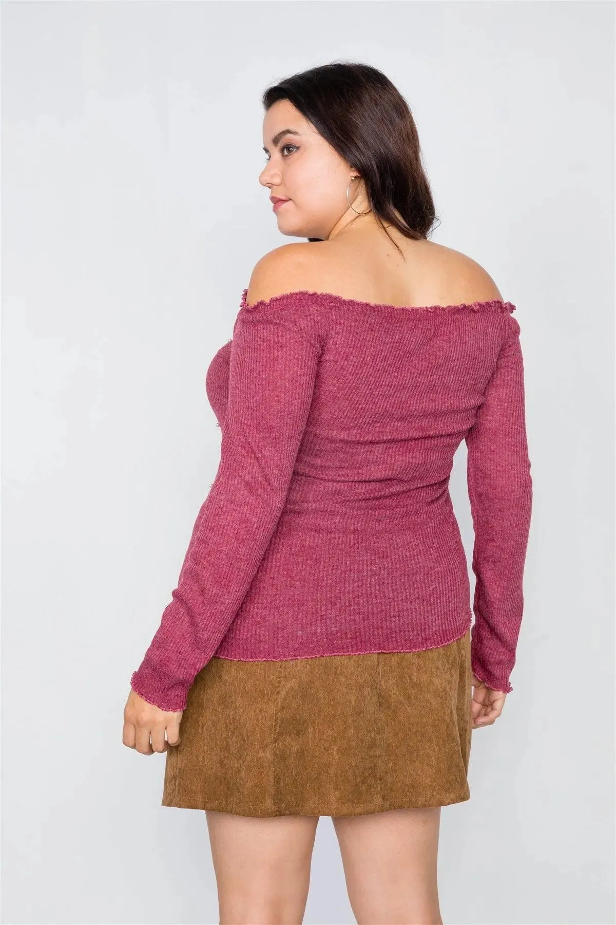 Plus Size Wine & Pearl Ribbed Off-The-Shoulder Top