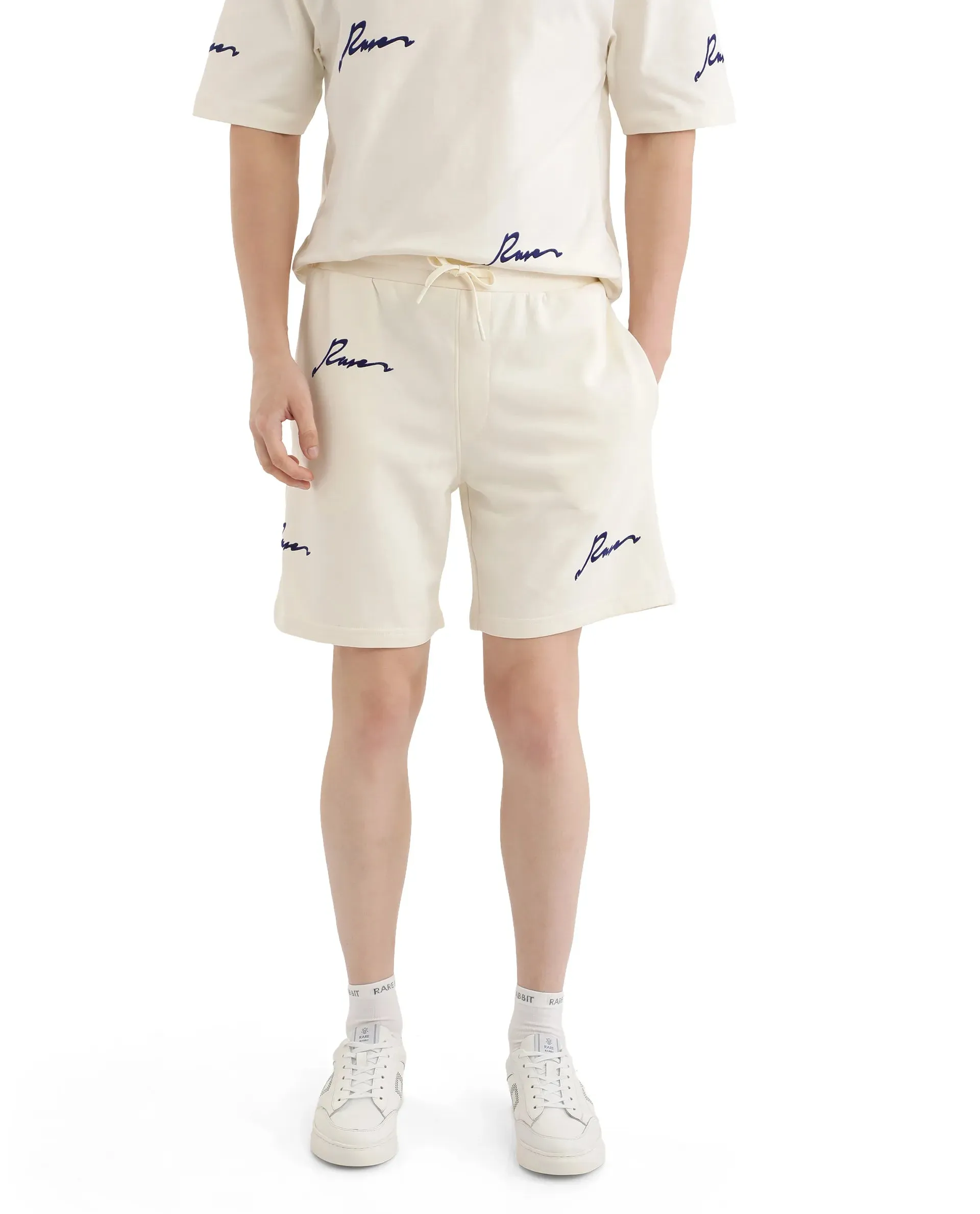 Rare Rabbit Men Erken-B Off White Cotton Polyester Fabric Short Sleeve Boxy Fit Typography Print Shorts