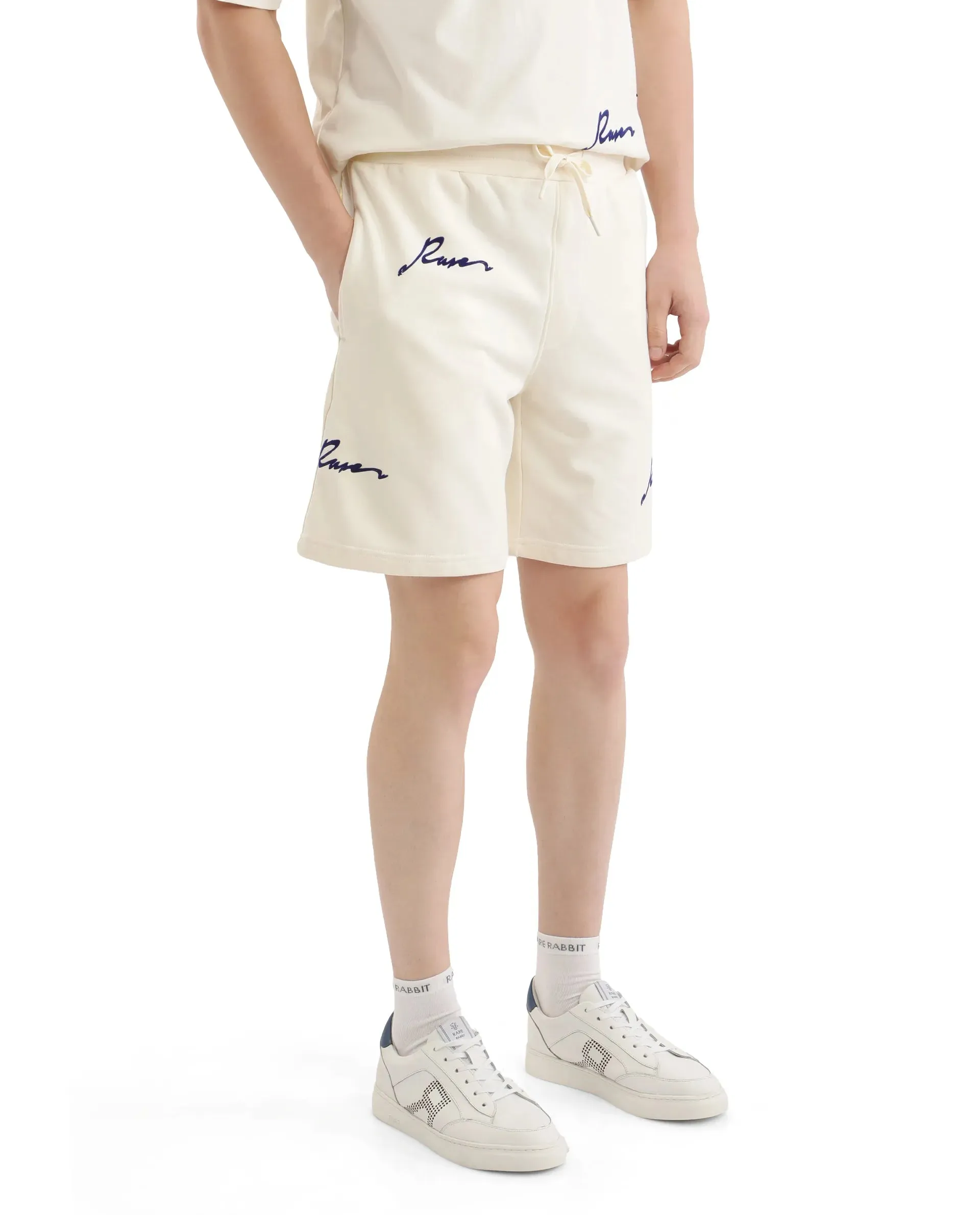 Rare Rabbit Men Erken-B Off White Cotton Polyester Fabric Short Sleeve Boxy Fit Typography Print Shorts