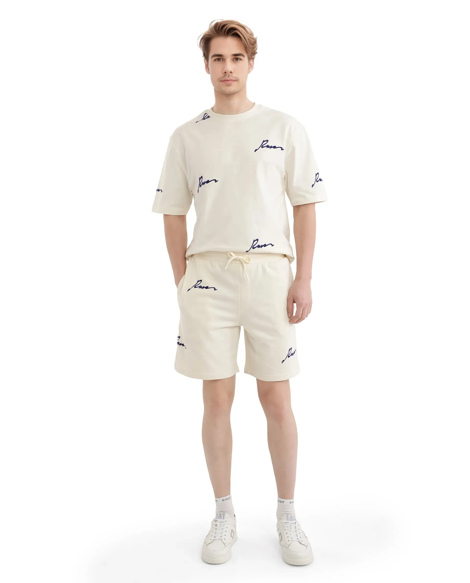 Rare Rabbit Men Erken-B Off White Cotton Polyester Fabric Short Sleeve Boxy Fit Typography Print Shorts