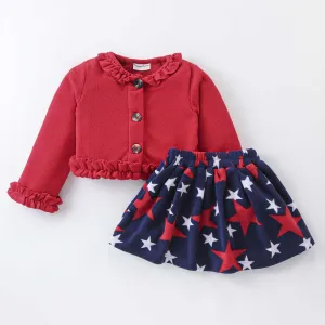 Solid Frilled Crop Cardigan Star Printed Skirt Set