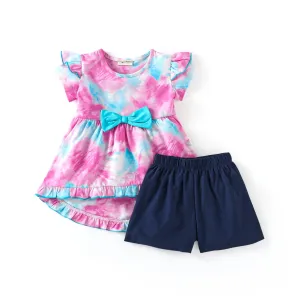 Tie and Dye Frill with Bow Top Shorts Set