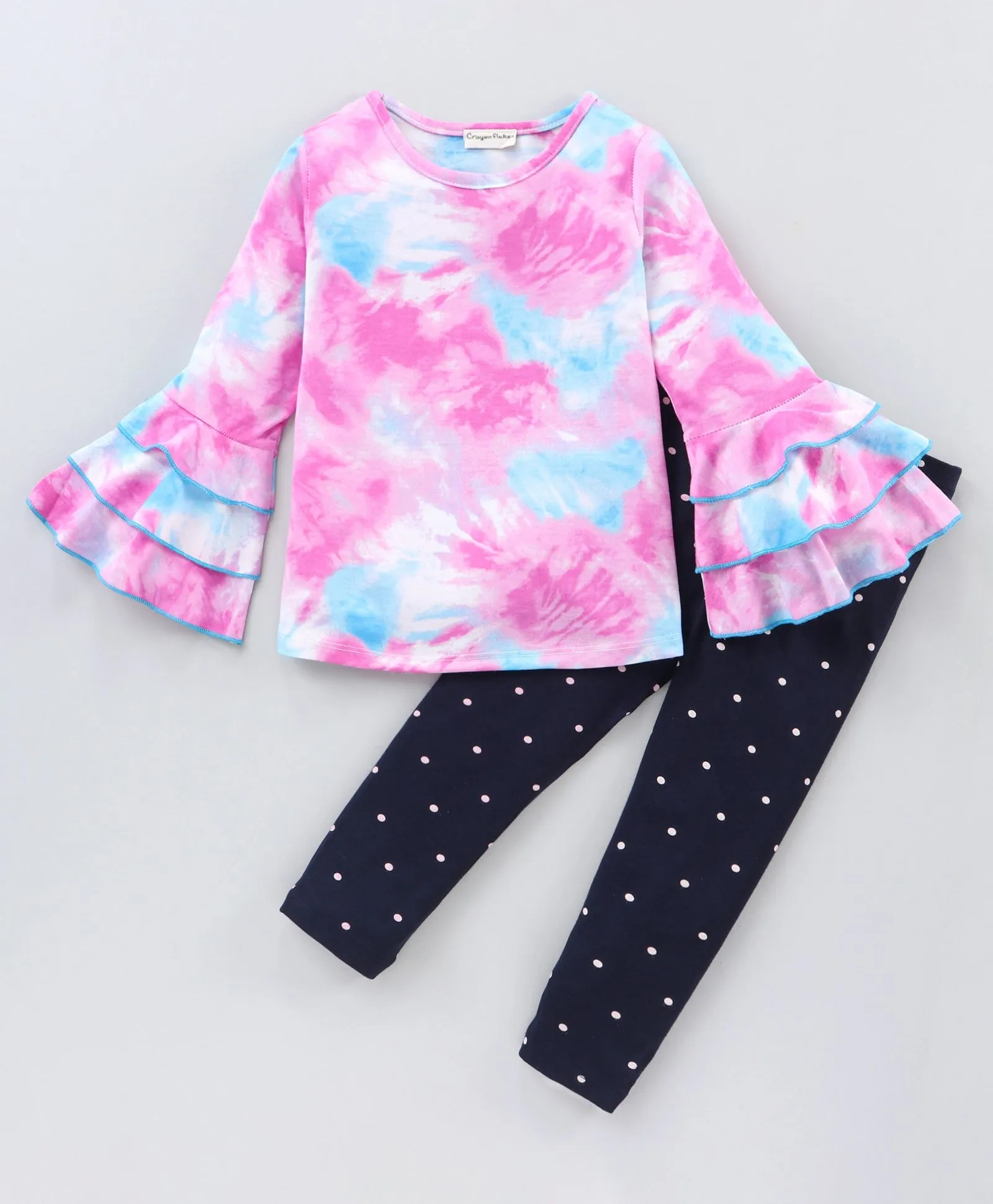 Tie and Dye Sleeves Frill Top Leggings Set