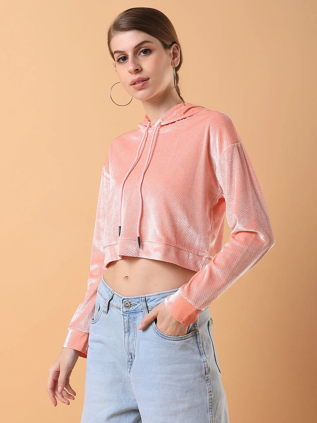 Women Solid Peach Drop Shoulder Crop Pullover