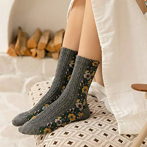 Women's 5 Pairs Vintage Ethnic Floral Knit Socks Stripe Flower Cotton Crew Socks