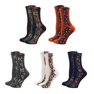 Women's 5 Pairs Vintage Ethnic Floral Knit Socks Stripe Flower Cotton Crew Socks