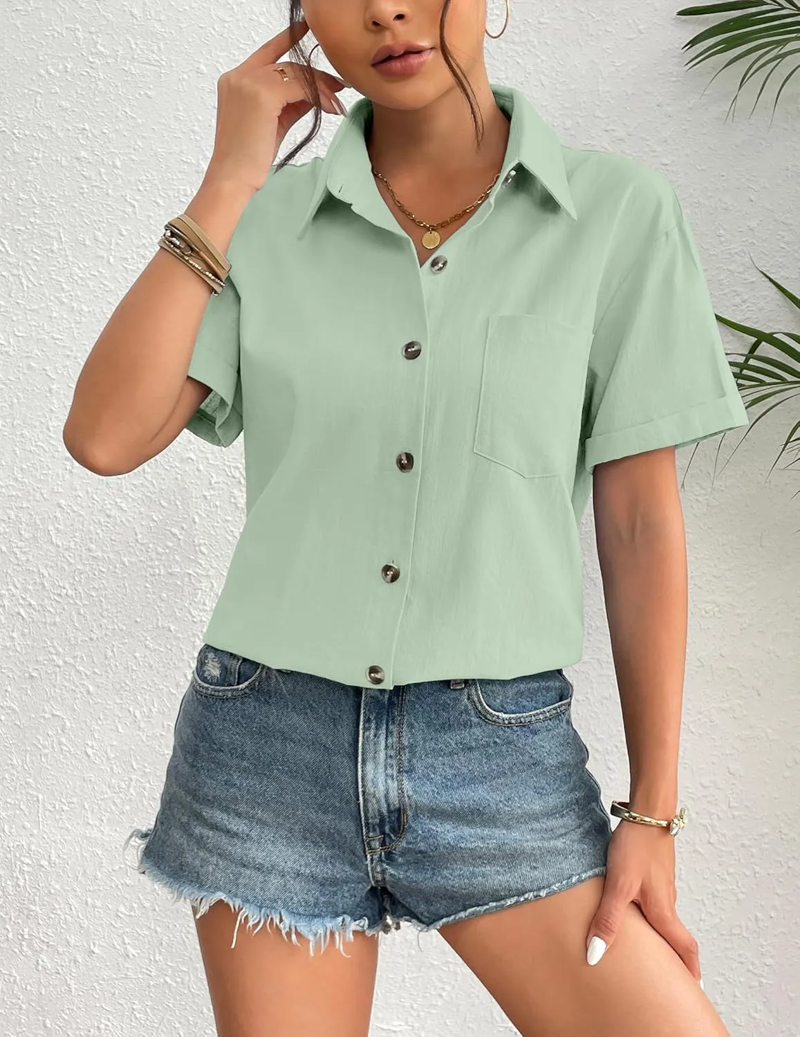 Zeagoo Womens Button Down Linen Shirt Short Sleeve Cotton Blouse