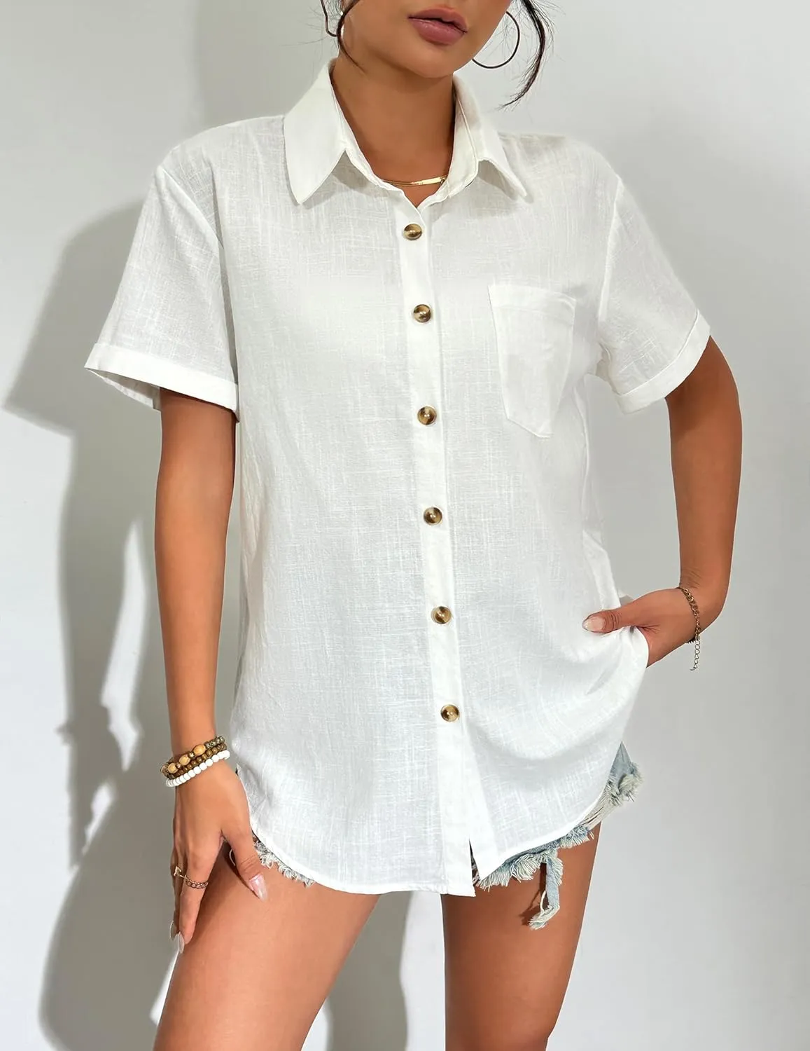 Zeagoo Womens Button Down Linen Shirt Short Sleeve Cotton Blouse