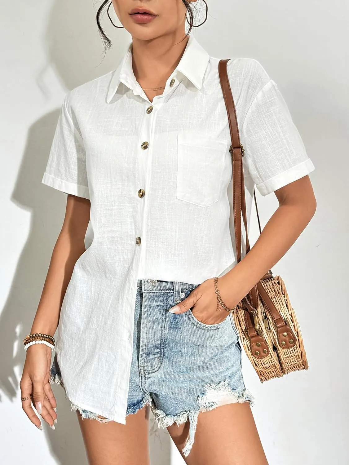 Zeagoo Womens Button Down Linen Shirt Short Sleeve Cotton Blouse