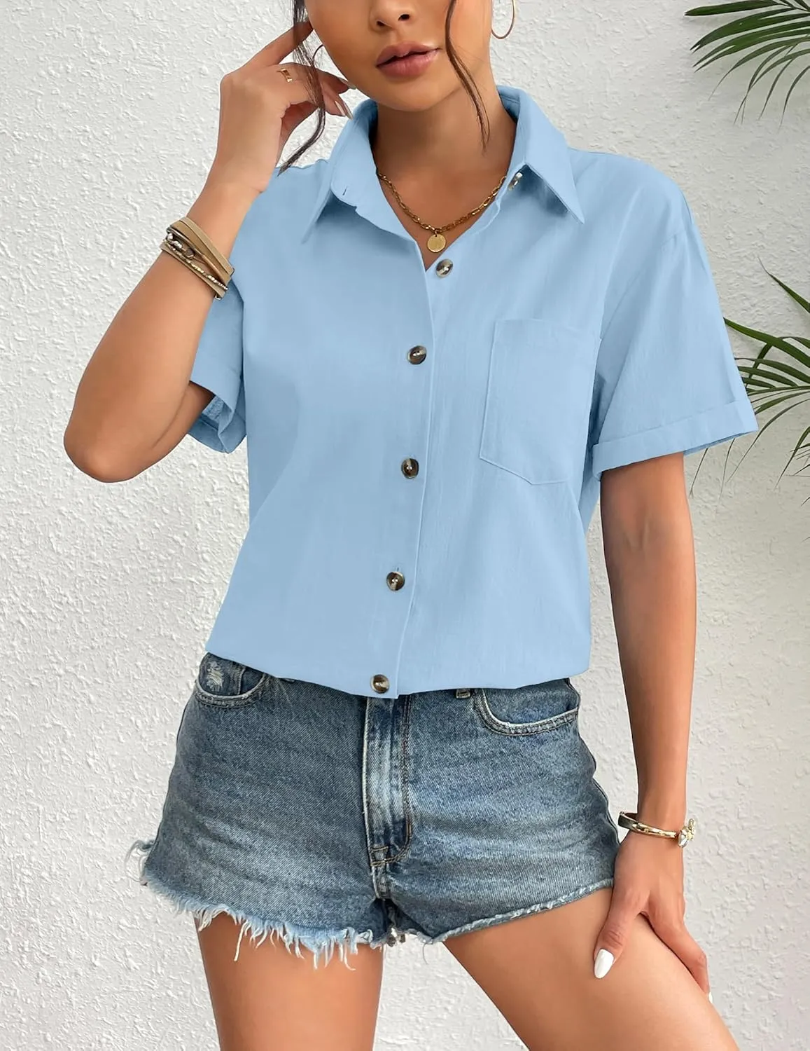 Zeagoo Womens Button Down Linen Shirt Short Sleeve Cotton Blouse