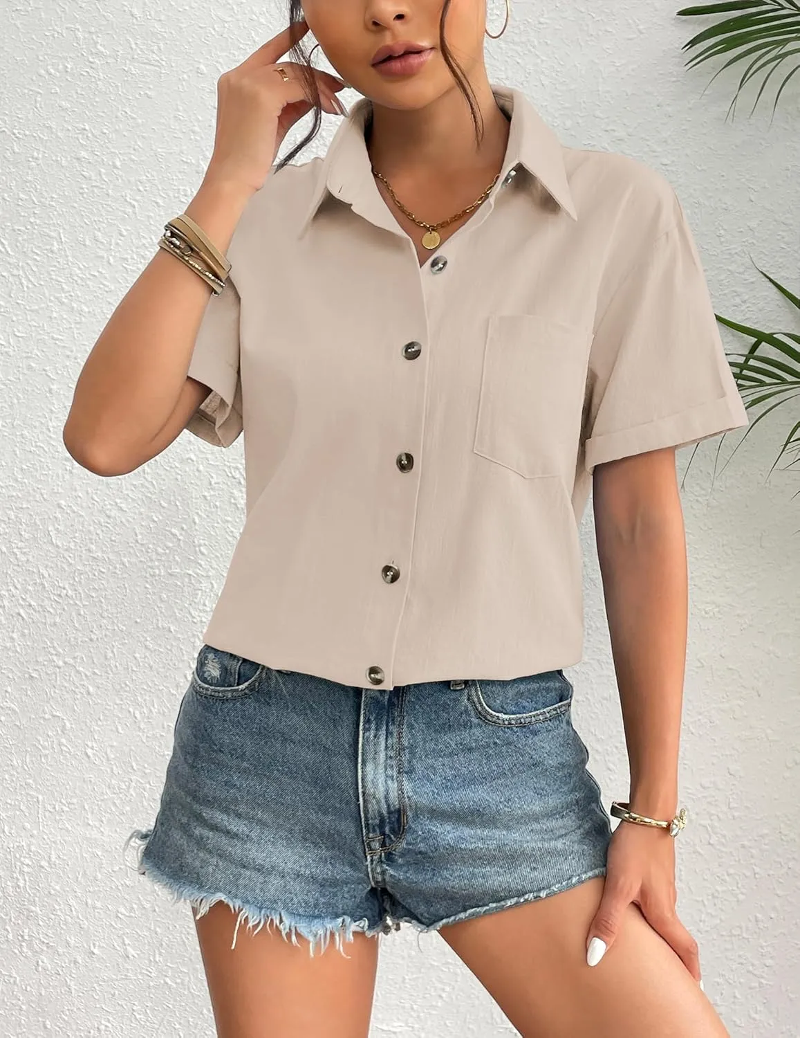 Zeagoo Womens Button Down Linen Shirt Short Sleeve Cotton Blouse